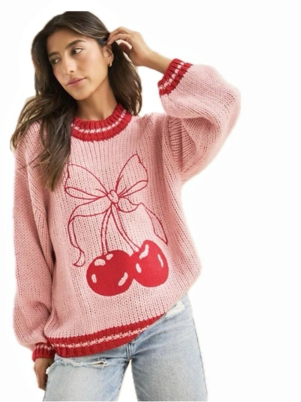Altar'd State Cherry Bow Varsity Knit Sweater Pink & Red Medium